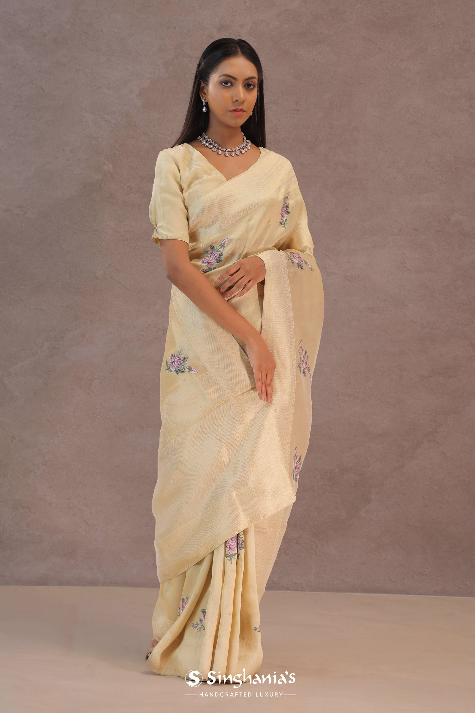 Soft Beige Soft Kanchi Silk Saree With Petit Point Buttis