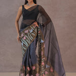 Black And Intense Pewter Grey Organza Saree With Petit Point Embroidery