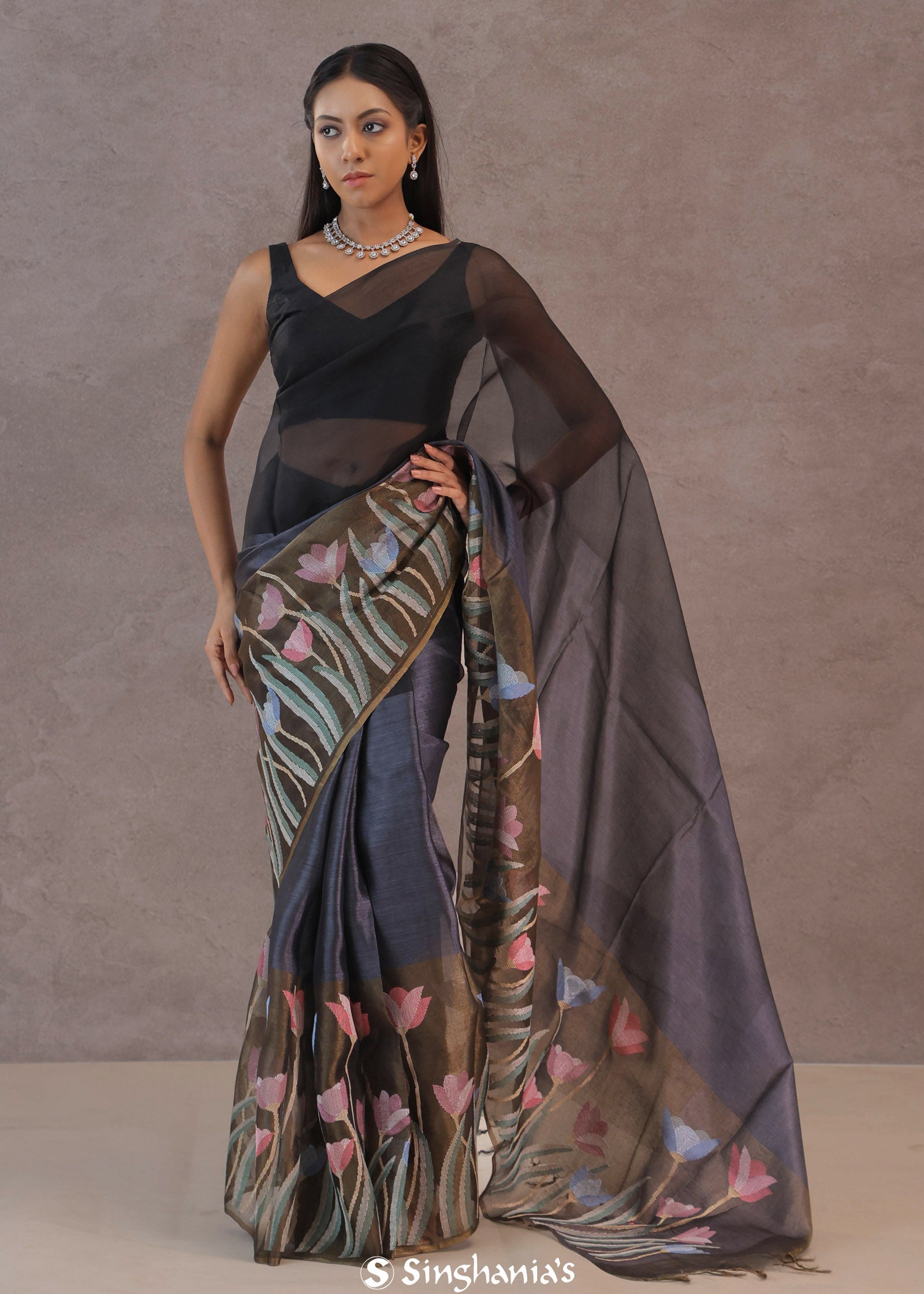 Black And Intense Pewter Grey Organza Saree With Petit Point Embroidery