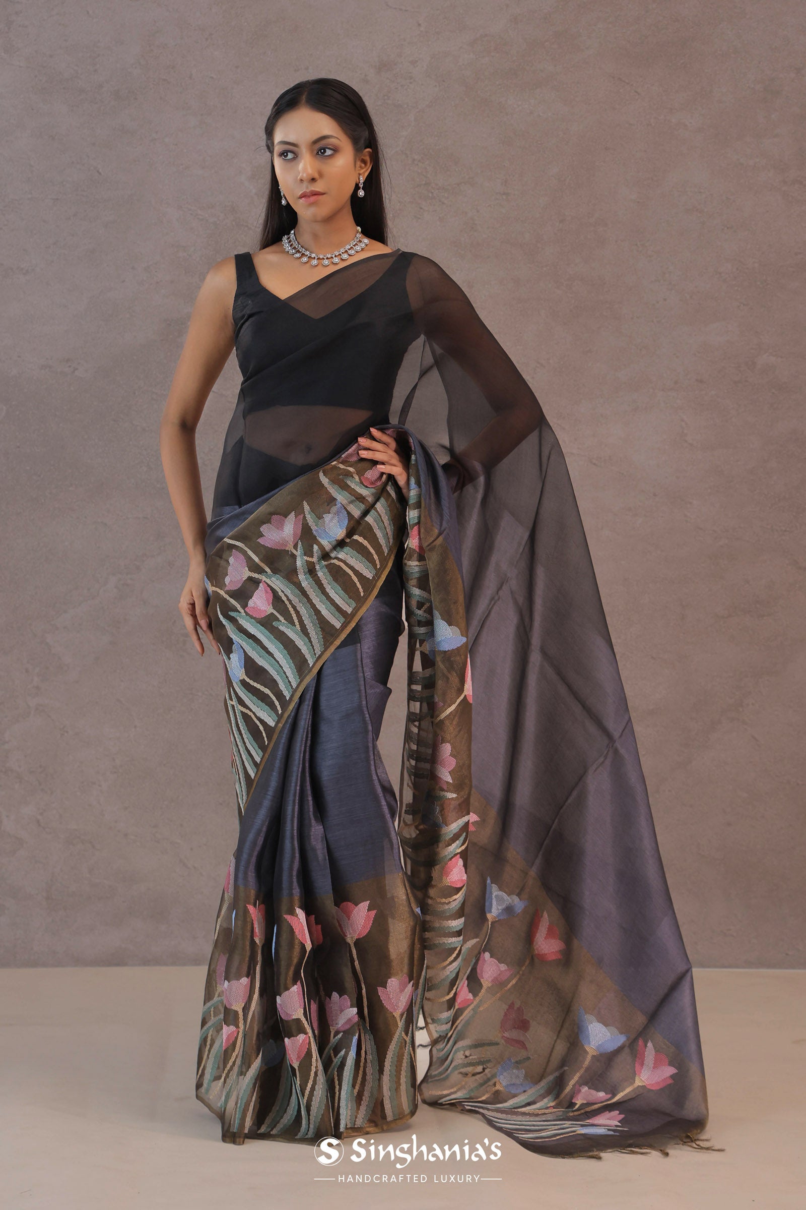 Black And Intense Pewter Grey Organza Saree With Petit Point Embroidery