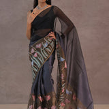Black And Intense Pewter Grey Organza Saree With Petit Point Embroidery