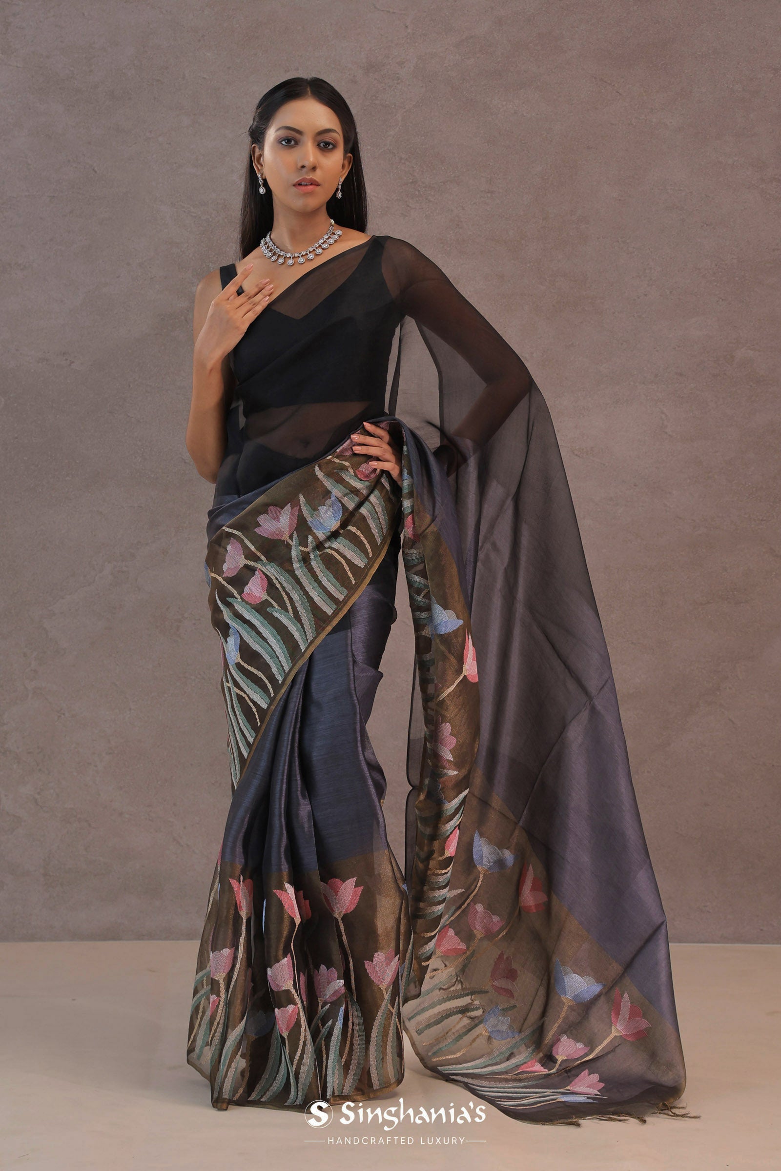 Black And Intense Pewter Grey Organza Saree With Petit Point Embroidery