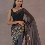 Black And Intense Pewter Grey Organza Saree With Petit Point Embroidery