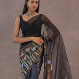 Black And Intense Pewter Grey Organza Saree With Petit Point Embroidery