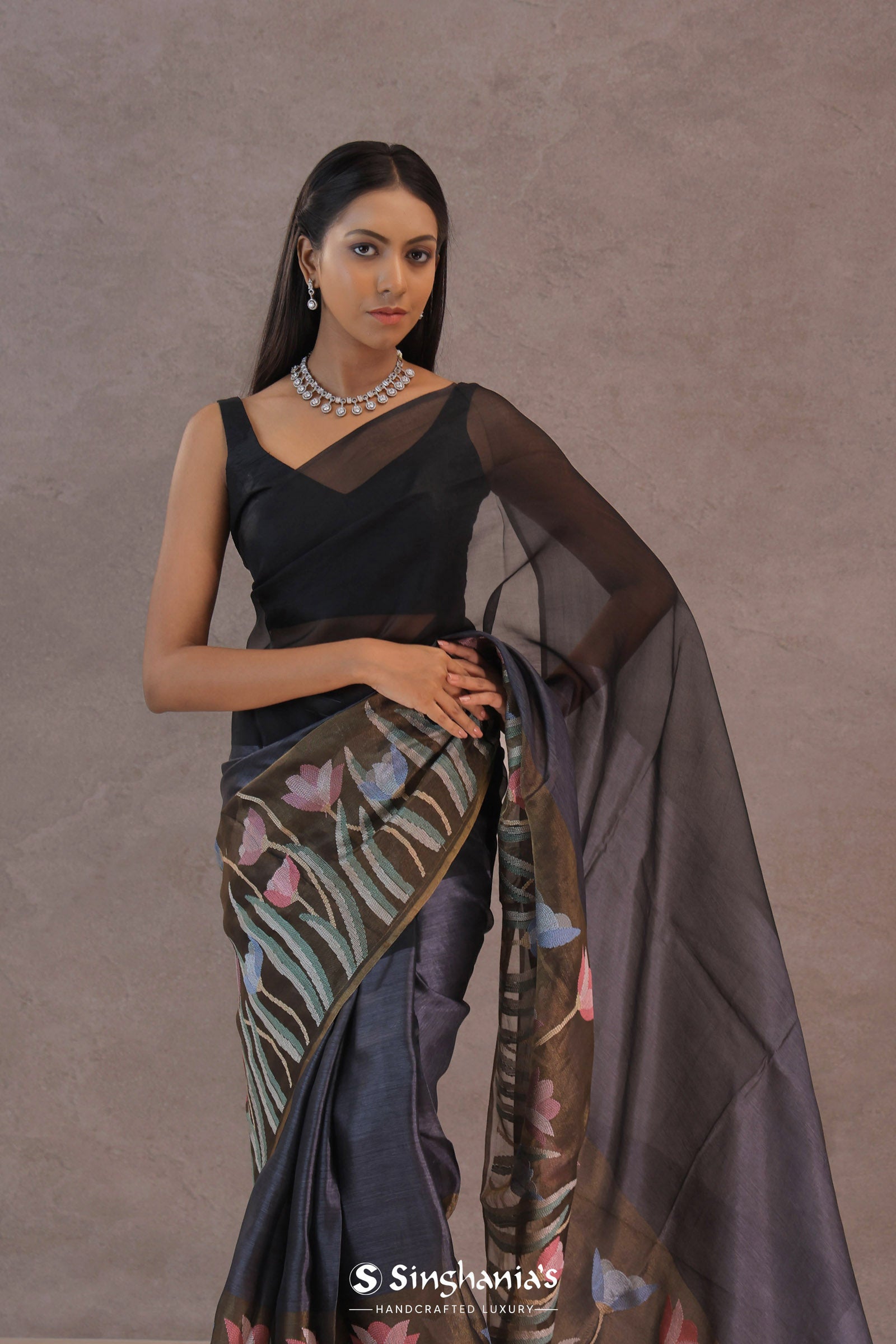 Black And Intense Pewter Grey Organza Saree With Petit Point Embroidery
