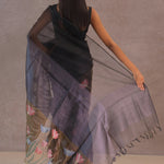 Black And Intense Pewter Grey Organza Saree With Petit Point Embroidery