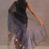 Black And Intense Pewter Grey Organza Saree With Petit Point Embroidery