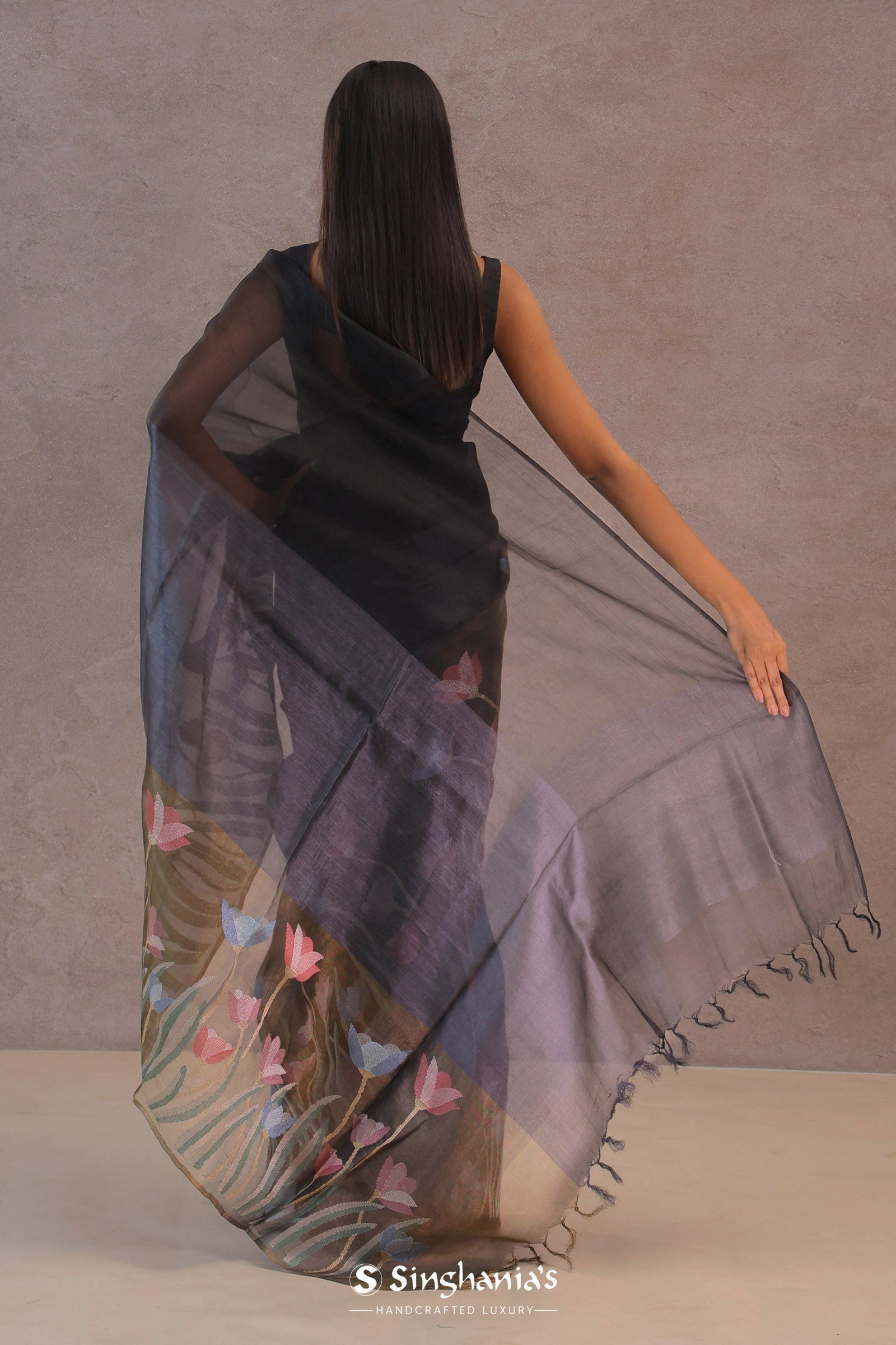 Black And Intense Pewter Grey Organza Saree With Petit Point Embroidery