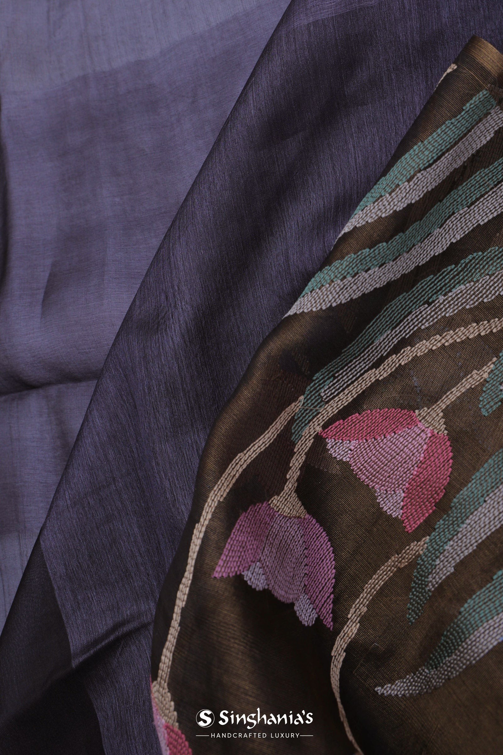 Black And Intense Pewter Grey Organza Saree With Petit Point Embroidery