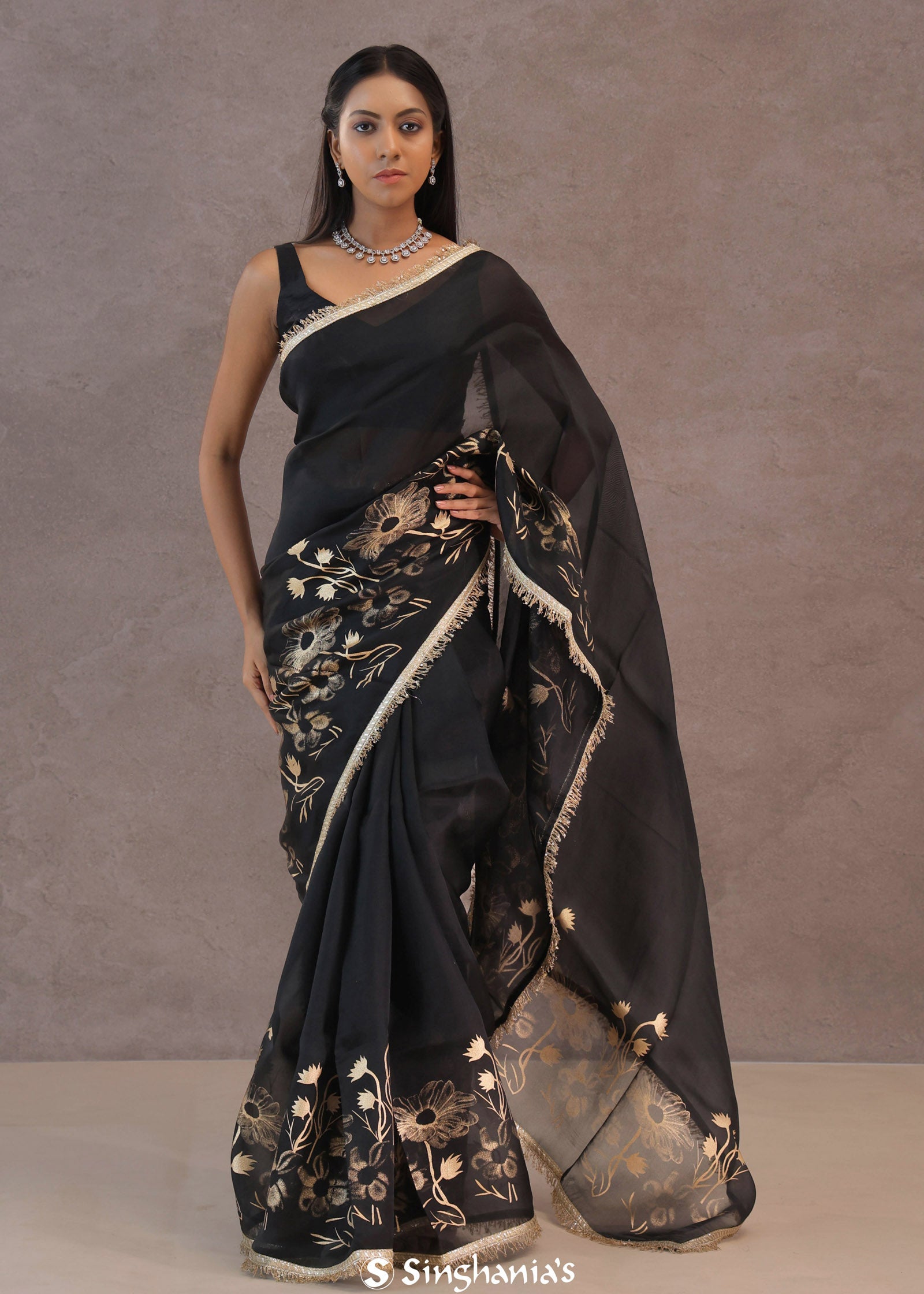 Black Organza Saree With Foil Print