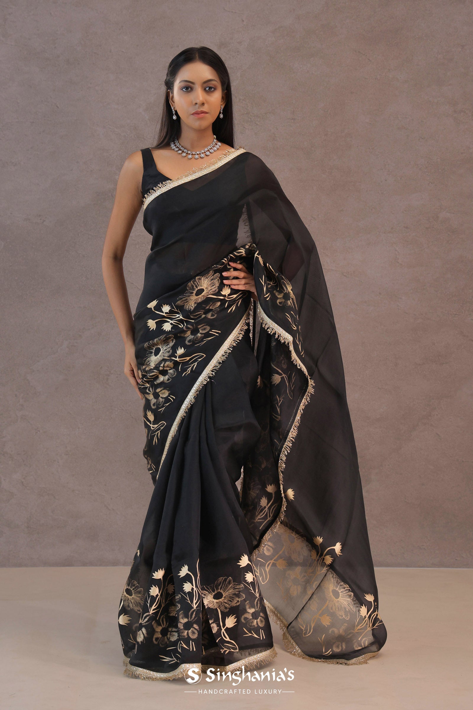 Black Organza Saree With Foil Print