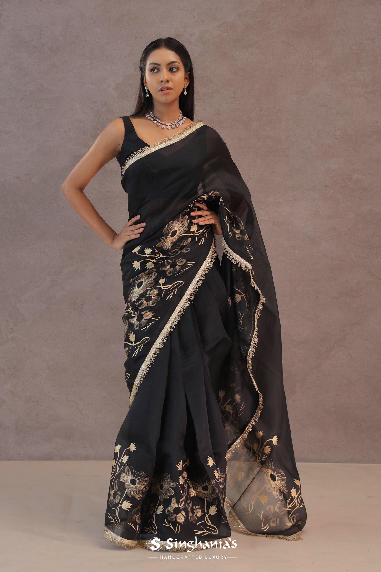 Black Organza Saree With Foil Print