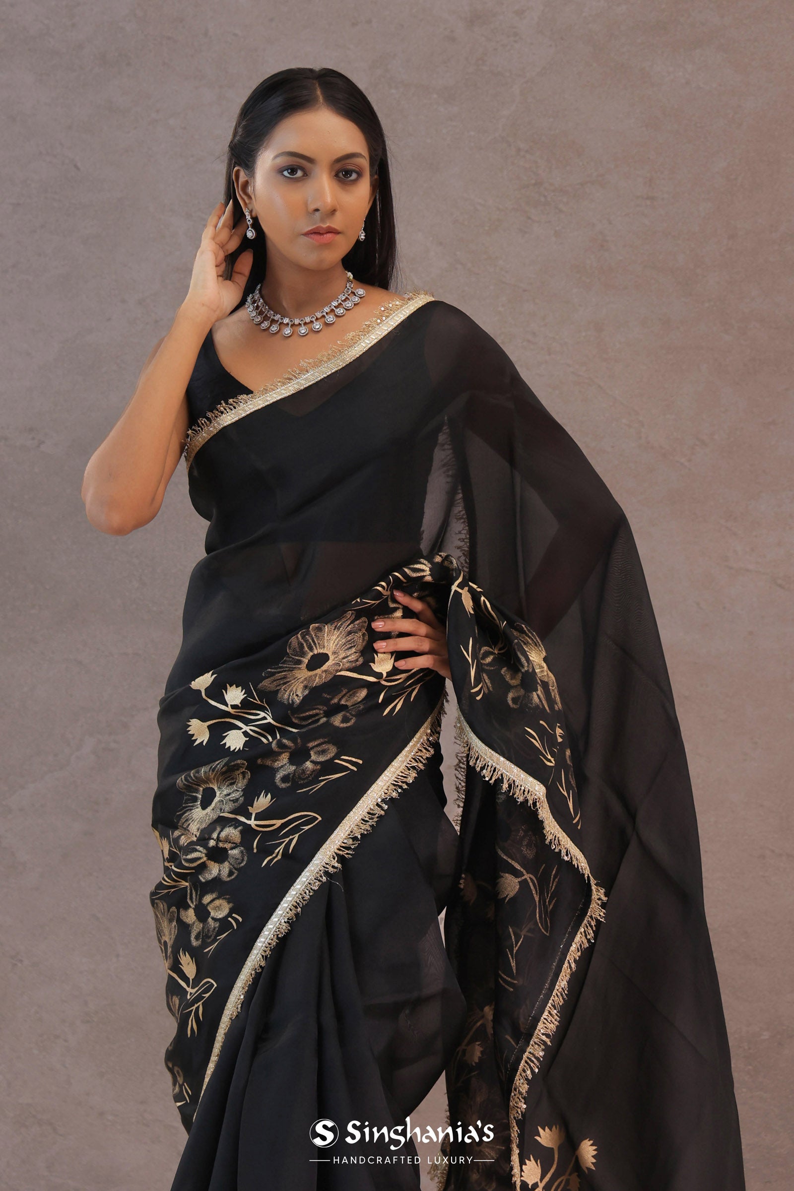 Black Organza Saree With Foil Print
