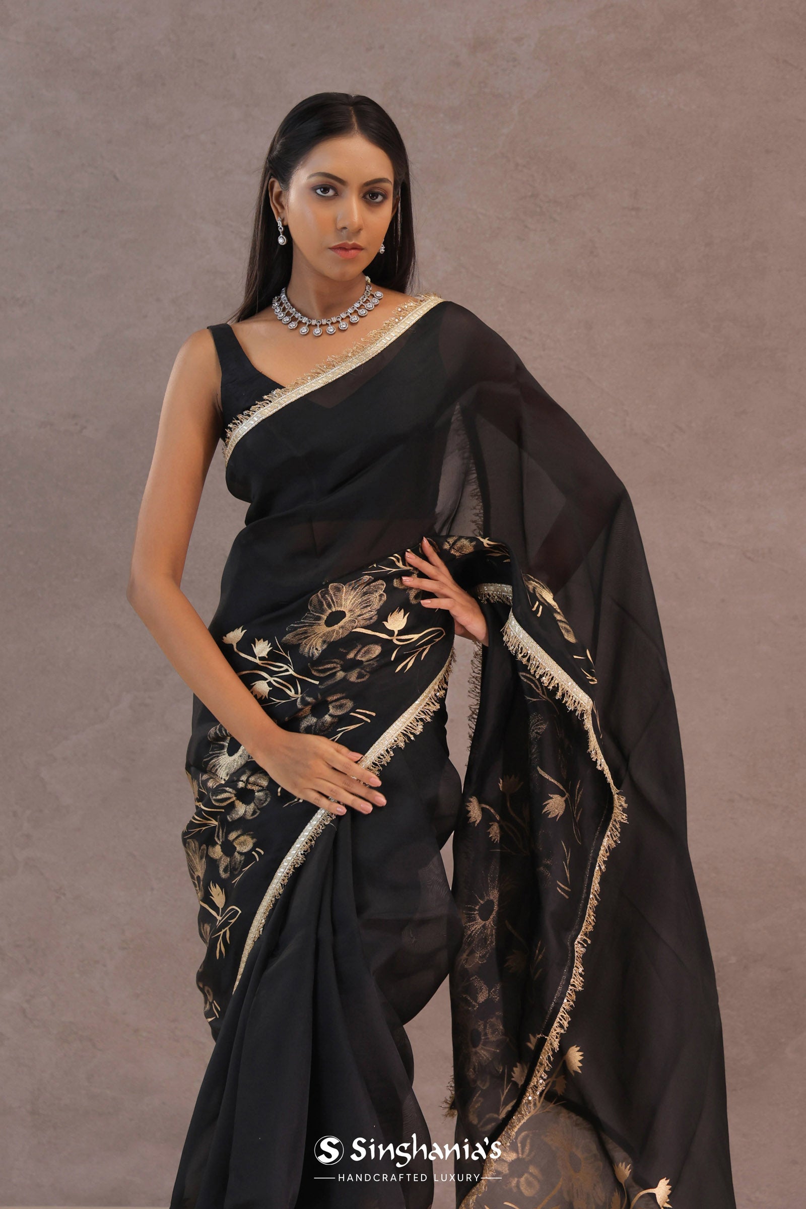 Black Organza Saree With Foil Print