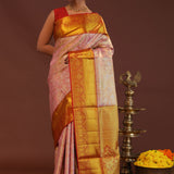 Baby Pink Kanjivaram Tissue Saree With Contrast Red Border