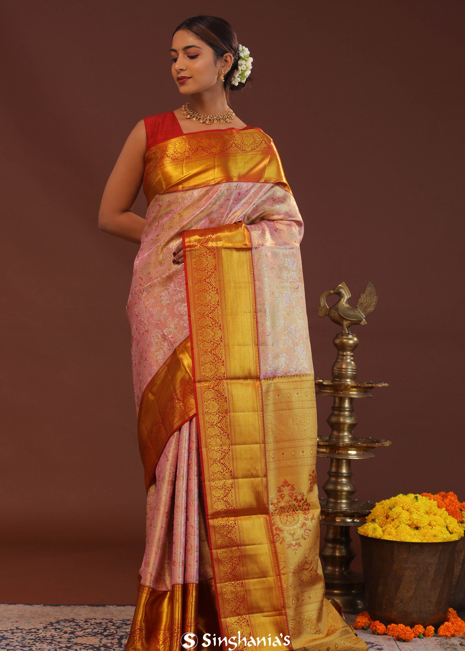 Baby Pink Kanjivaram Tissue Saree With Contrast Red Border