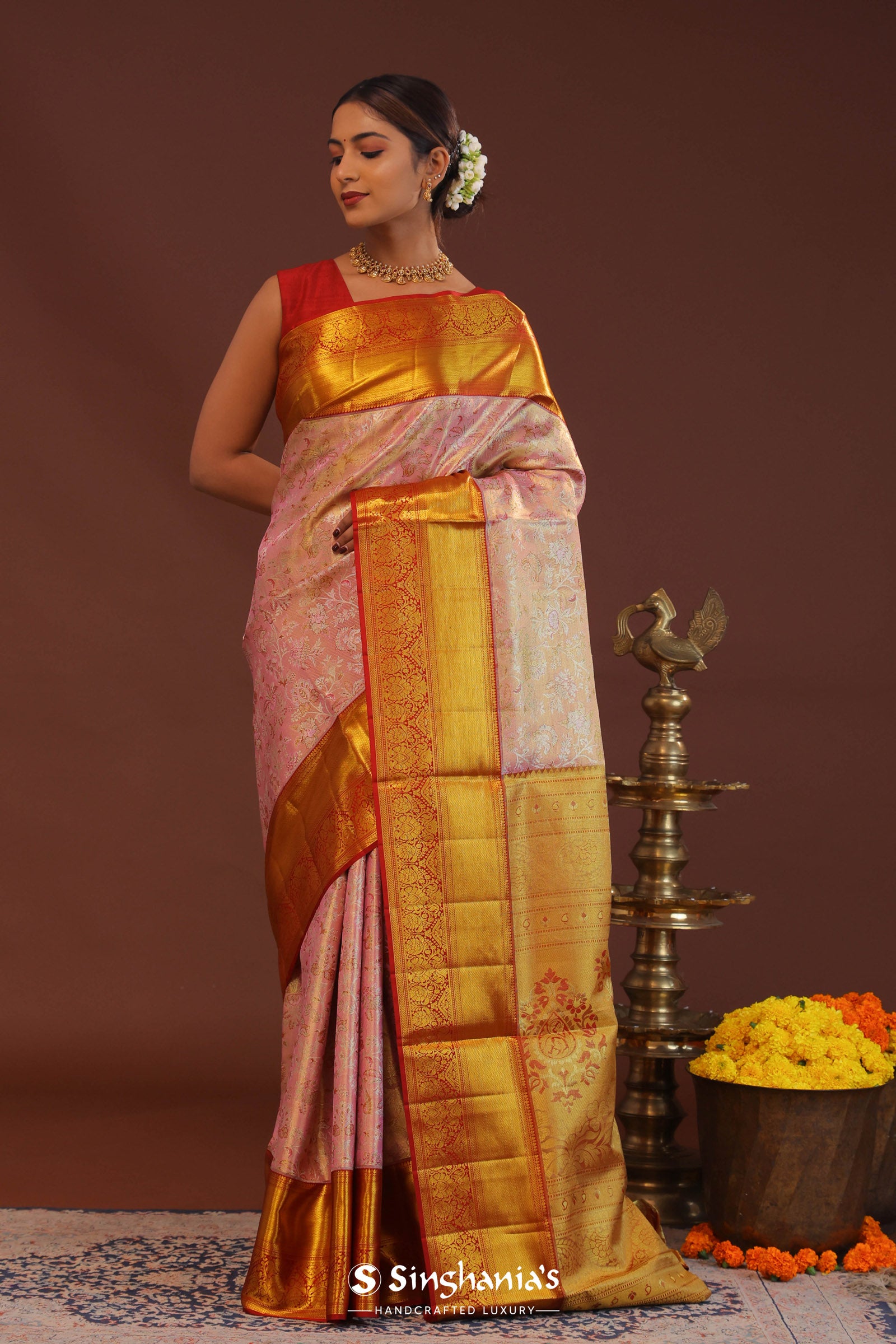 Baby Pink Kanjivaram Tissue Saree With Contrast Red Border