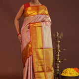 Baby Pink Kanjivaram Tissue Saree With Contrast Red Border