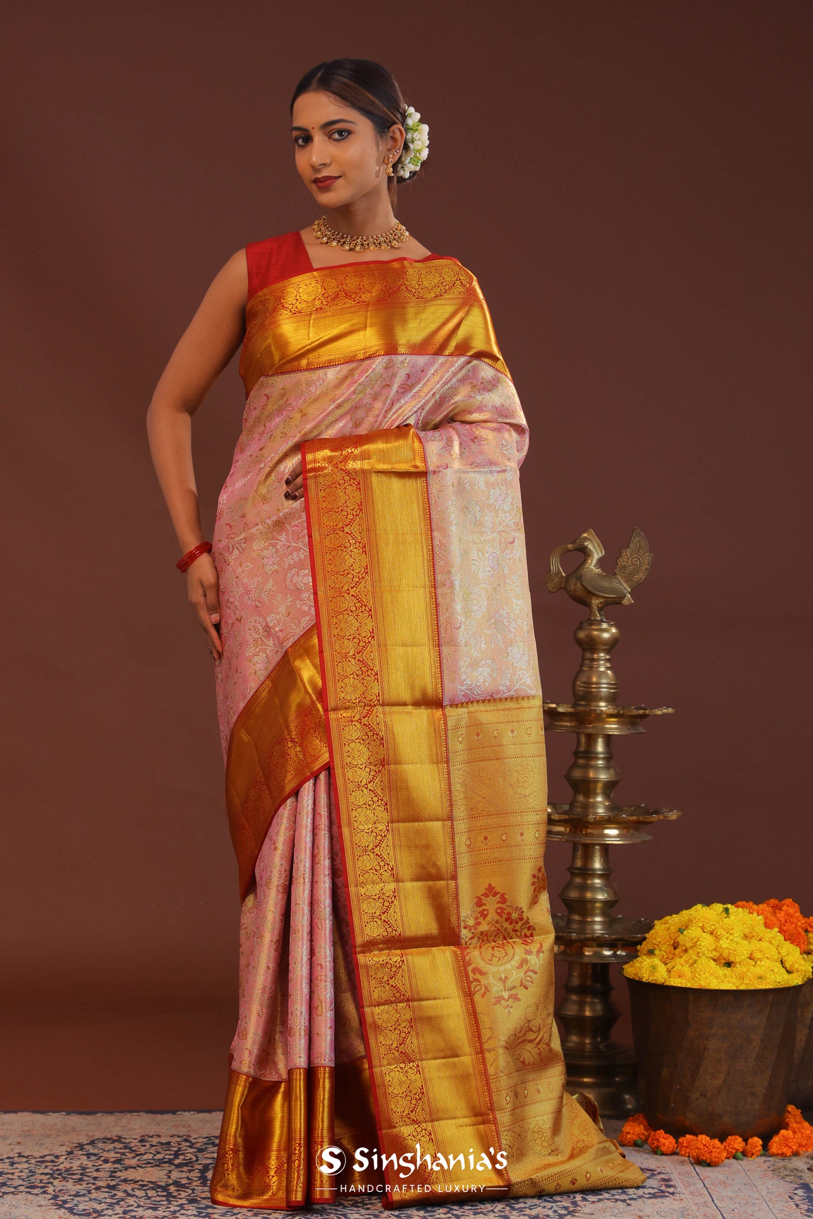 Baby Pink Kanjivaram Tissue Saree With Contrast Red Border