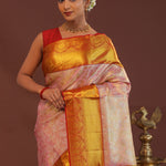 Baby Pink Kanjivaram Tissue Saree With Contrast Red Border