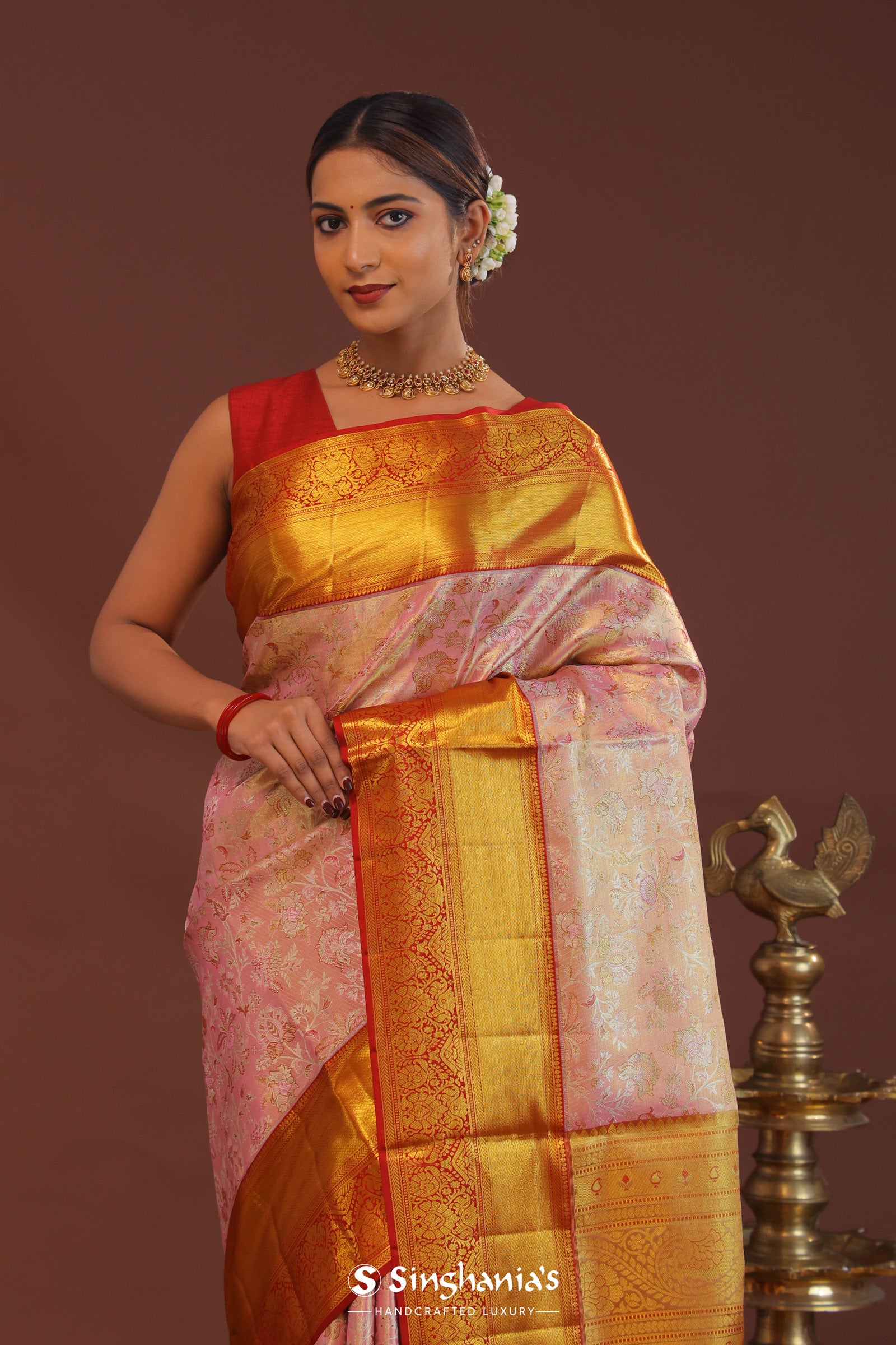 Baby Pink Kanjivaram Tissue Saree With Contrast Red Border