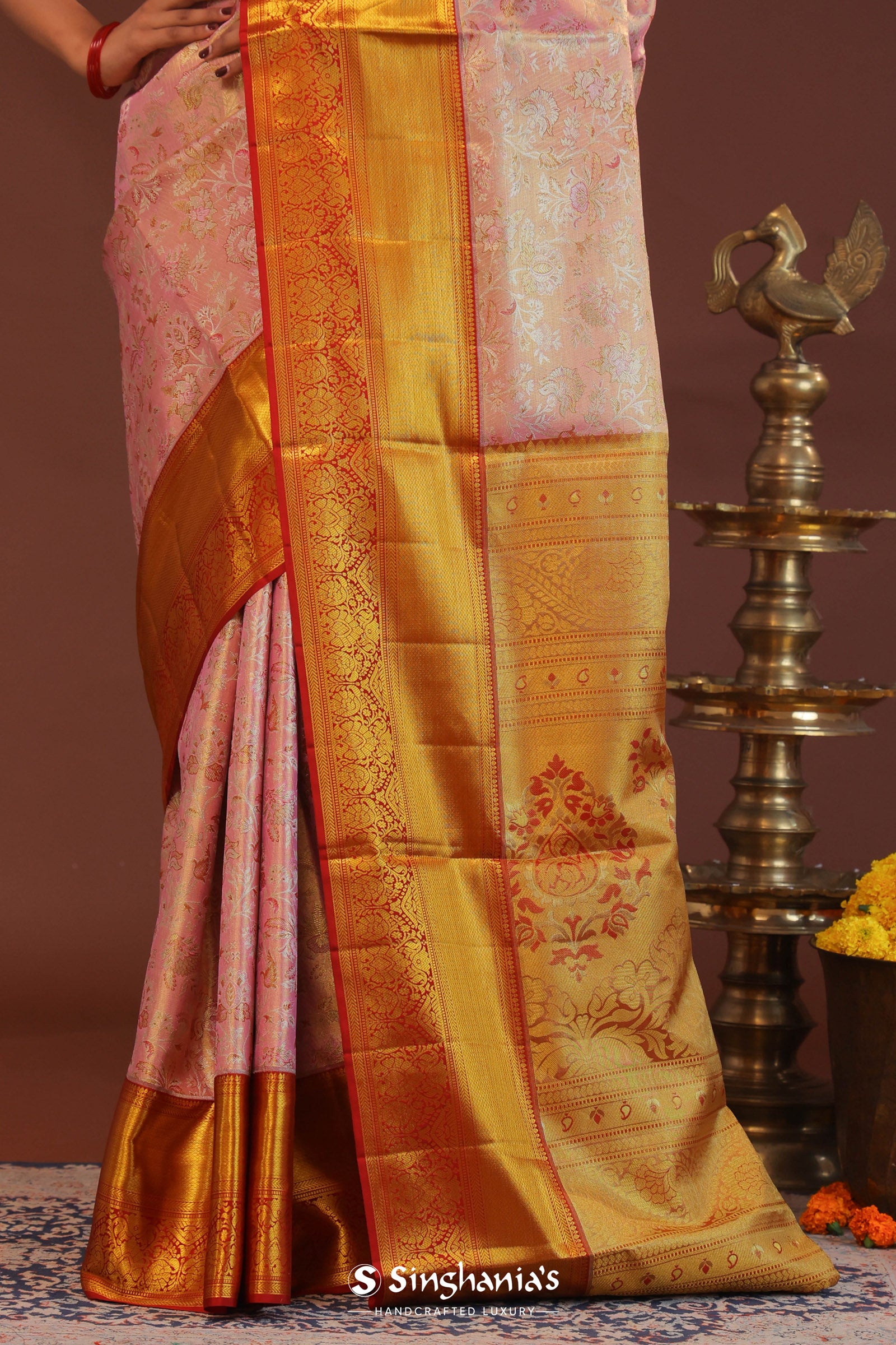 Baby Pink Kanjivaram Tissue Saree With Contrast Red Border