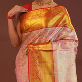 Baby Pink Kanjivaram Tissue Saree With Contrast Red Border