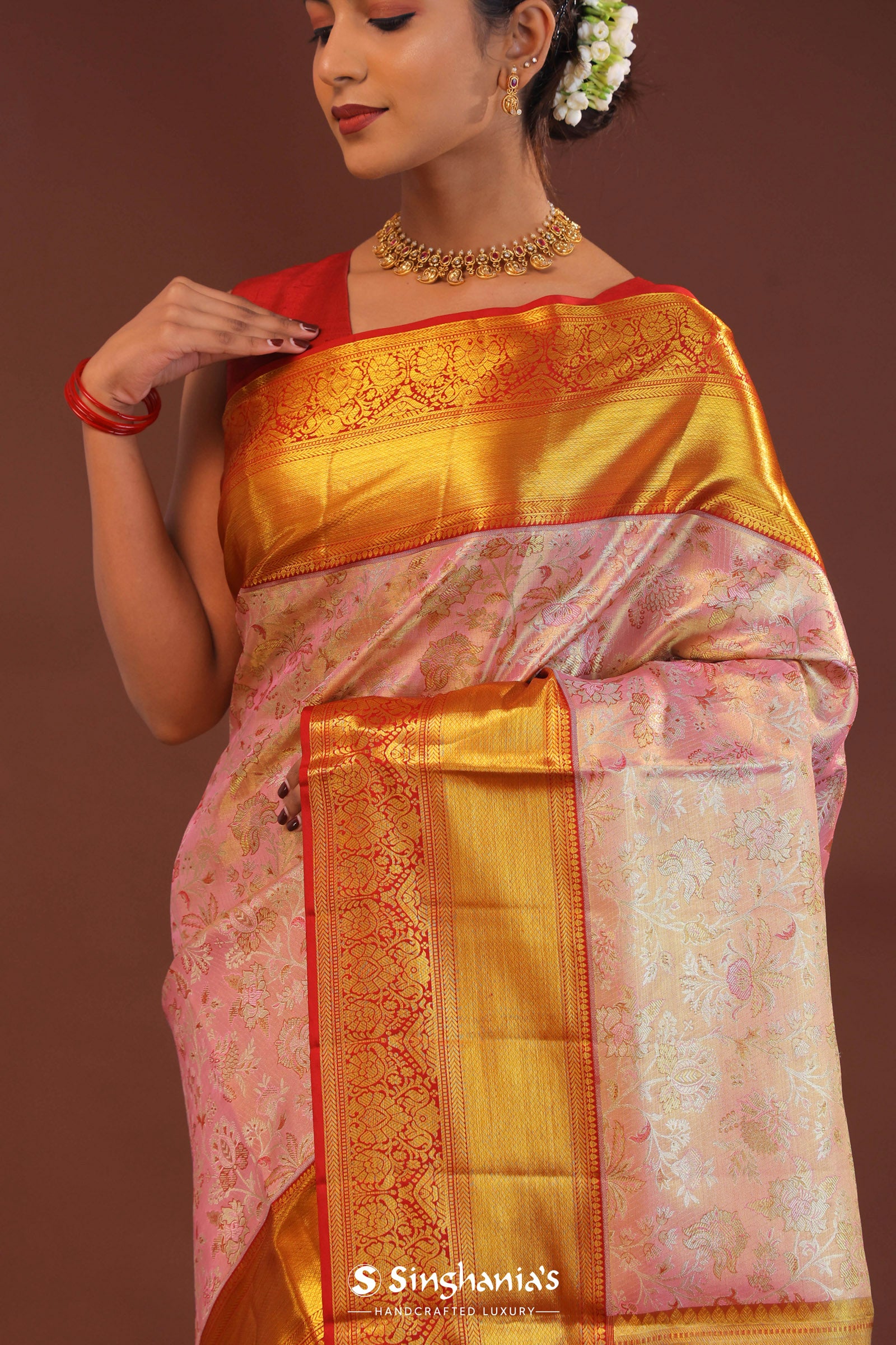 Baby Pink Kanjivaram Tissue Saree With Contrast Red Border