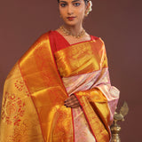 Baby Pink Kanjivaram Tissue Saree With Contrast Red Border