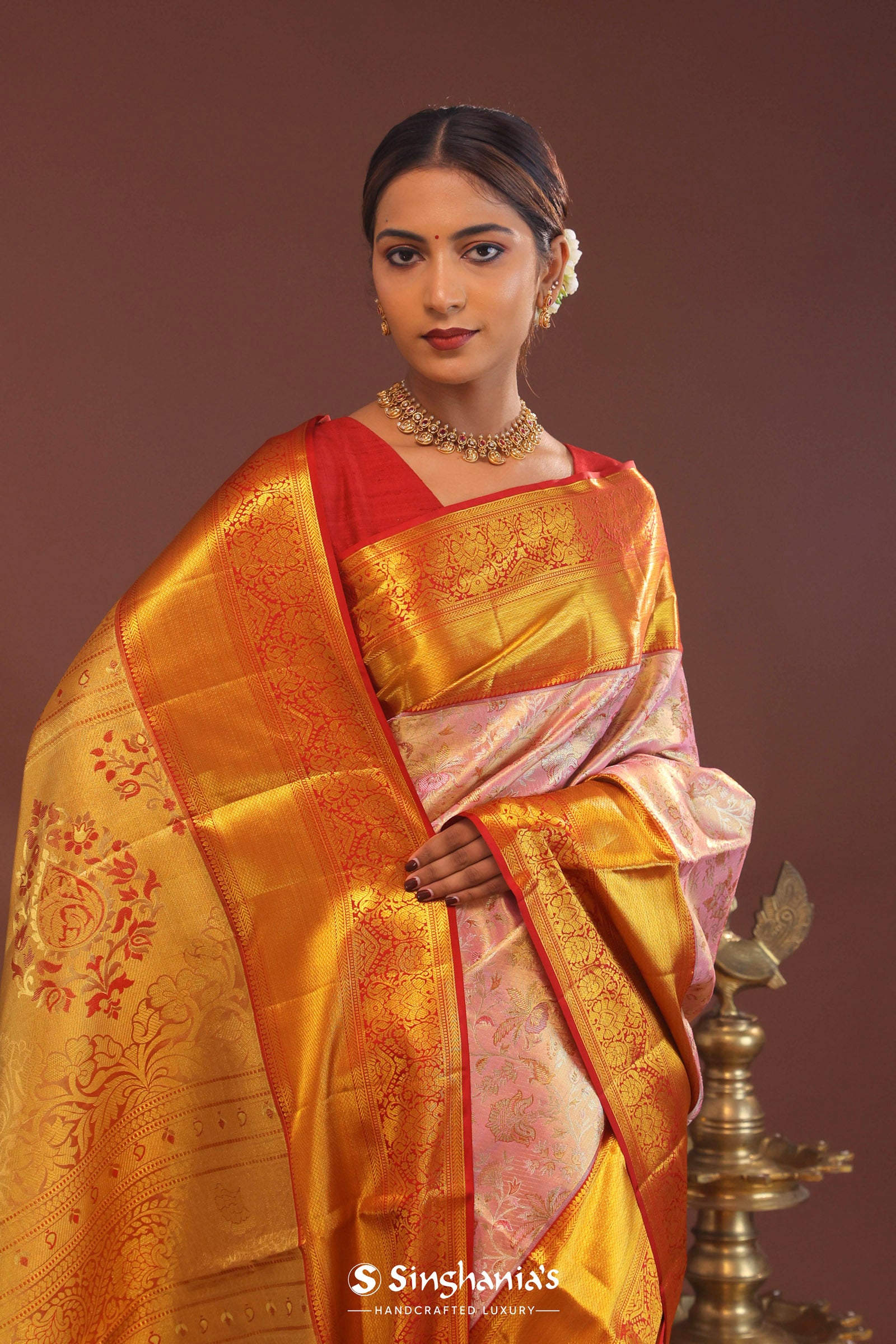 Baby Pink Kanjivaram Tissue Saree With Contrast Red Border