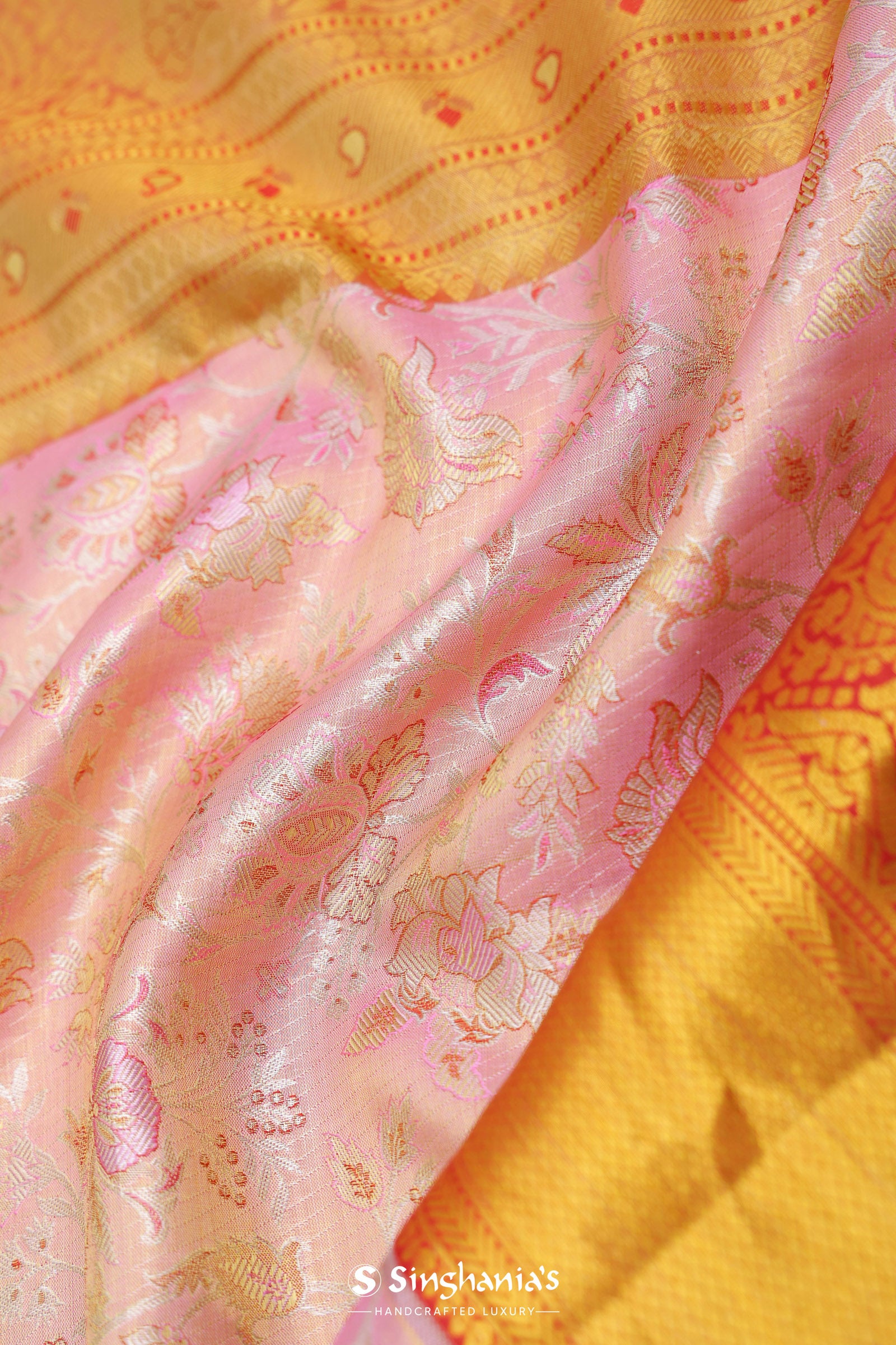 Baby Pink Kanjivaram Tissue Saree With Contrast Red Border