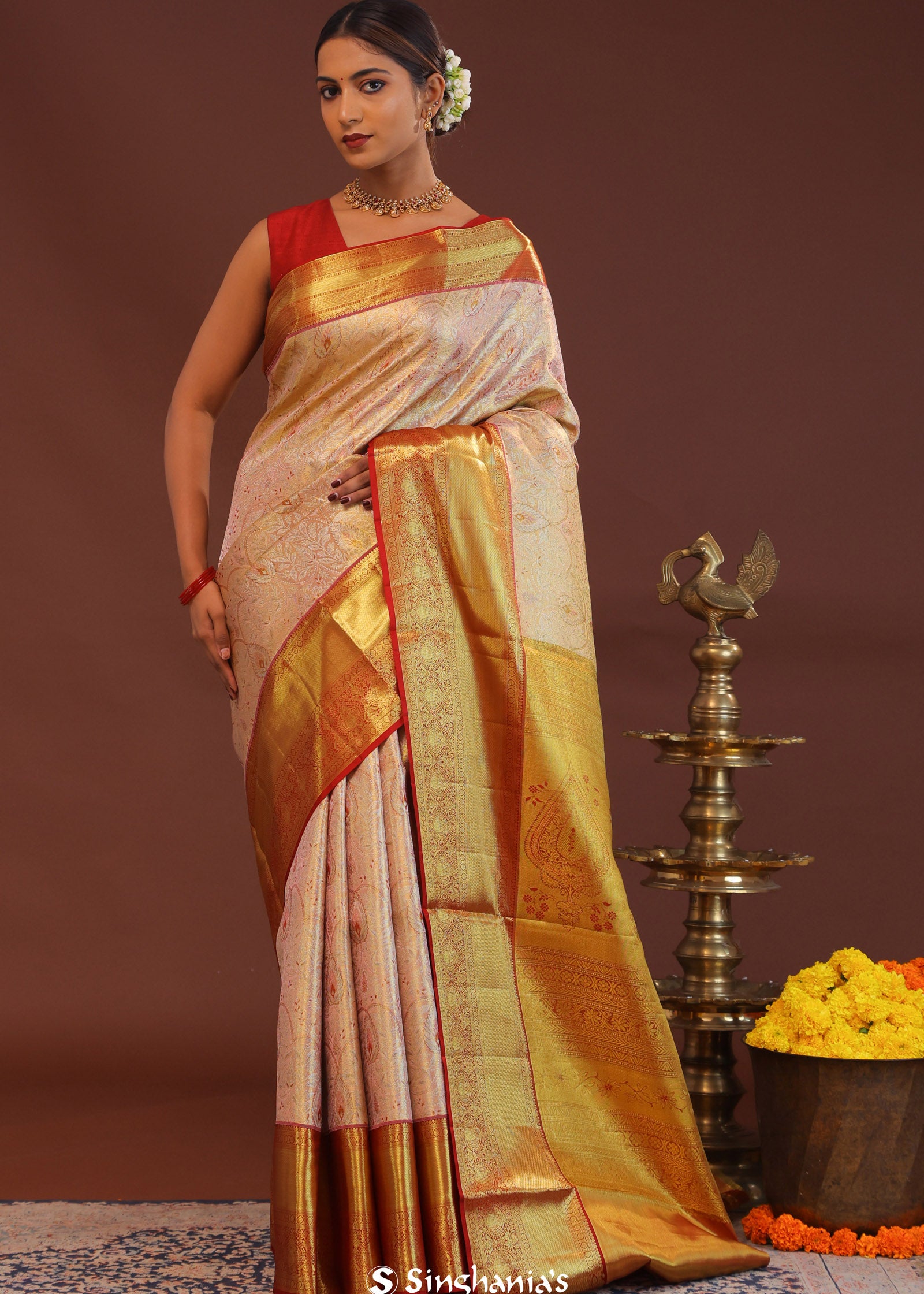 Soft Pink Kanjivaram Tissue Saree With Contrast Red Border
