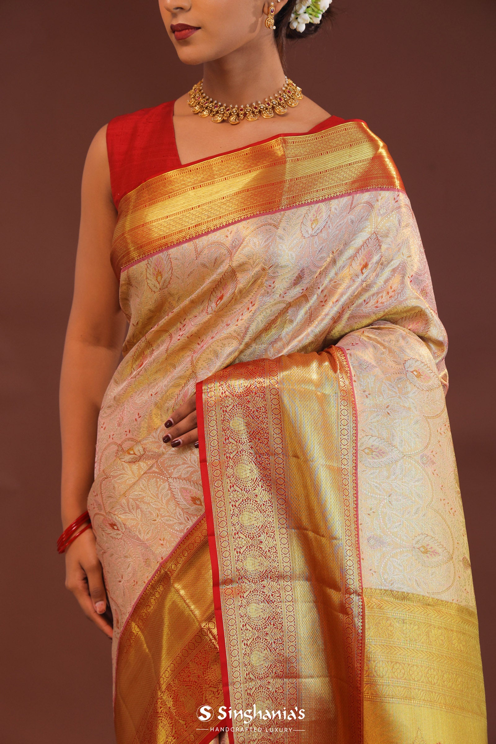 Soft Pink Kanjivaram Tissue Saree With Contrast Red Border