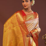 Soft Pink Kanjivaram Tissue Saree With Contrast Red Border