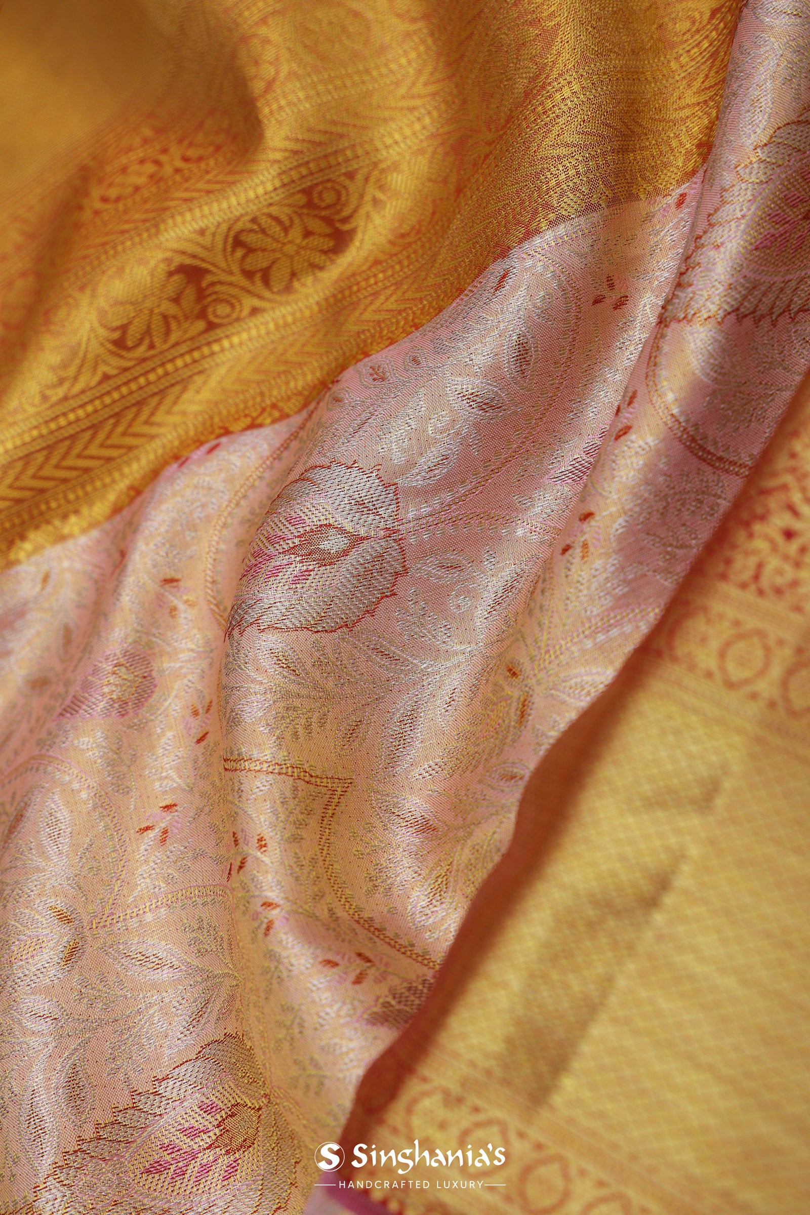 Soft Pink Kanjivaram Tissue Saree With Contrast Red Border