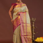 Pistachio Green Kanjivaram  Saree With Contrast Purple Border