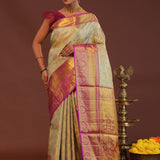 Pistachio Green Kanjivaram  Saree With Contrast Purple Border