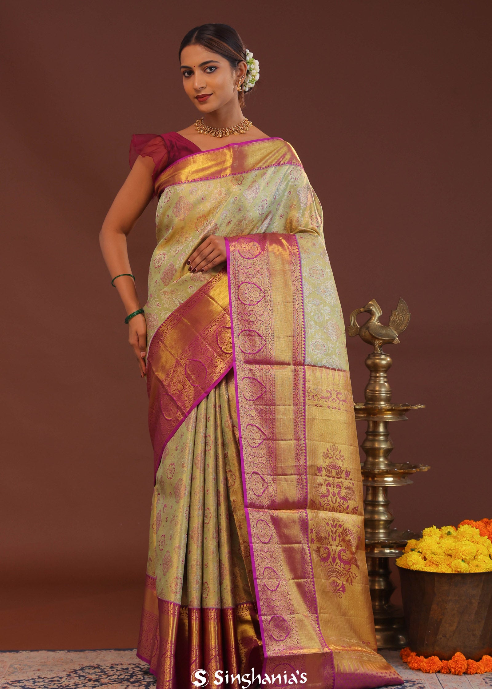 Pistachio Green Kanjivaram  Saree With Contrast Purple Border