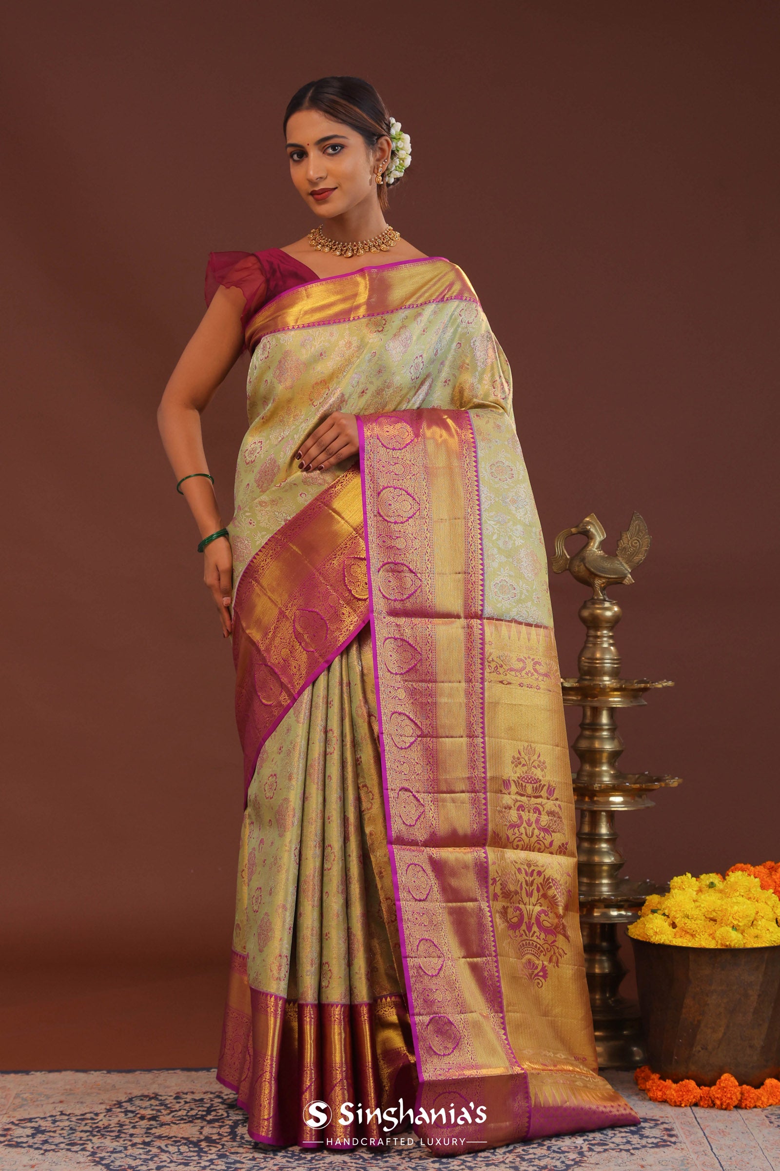 Pistachio Green Kanjivaram  Saree With Contrast Purple Border