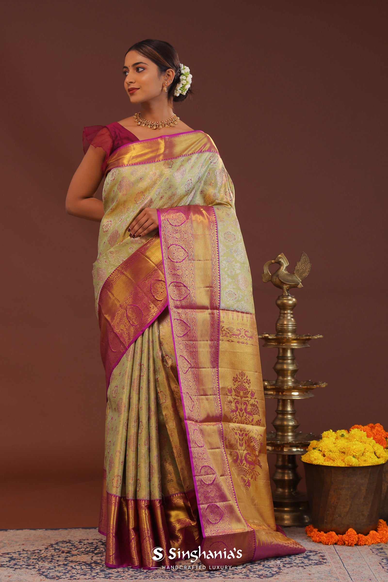 Pistachio Green Kanjivaram  Saree With Contrast Purple Border