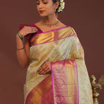 Pistachio Green Kanjivaram  Saree With Contrast Purple Border