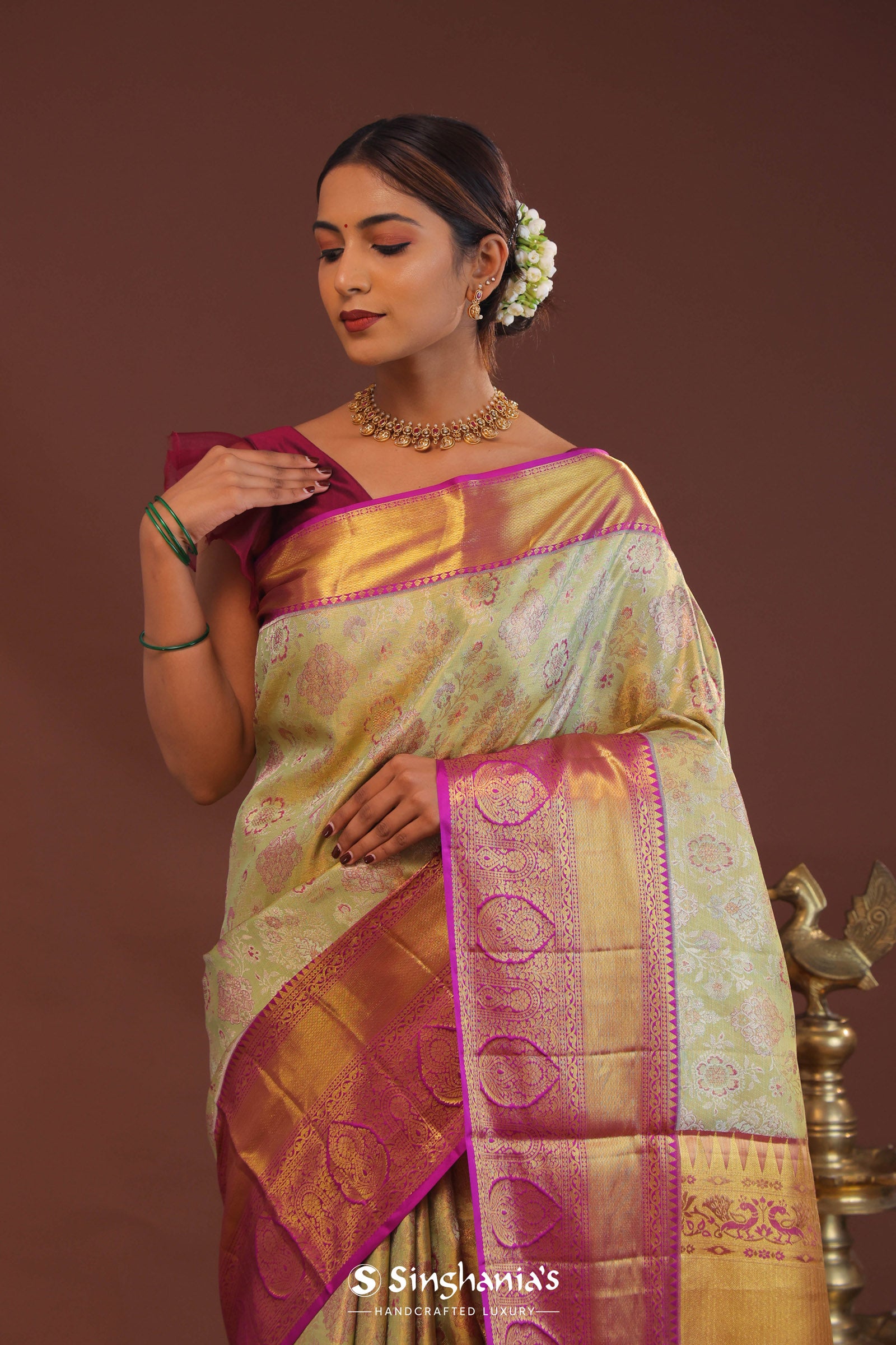 Pistachio Green Kanjivaram  Saree With Contrast Purple Border