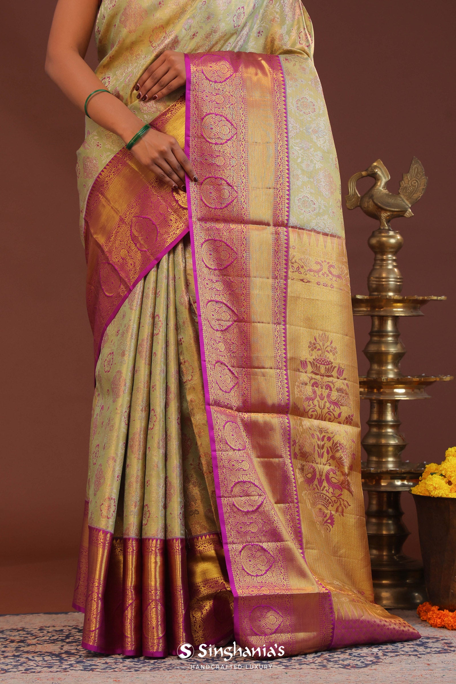 Pistachio Green Kanjivaram  Saree With Contrast Purple Border