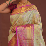 Pistachio Green Kanjivaram  Saree With Contrast Purple Border