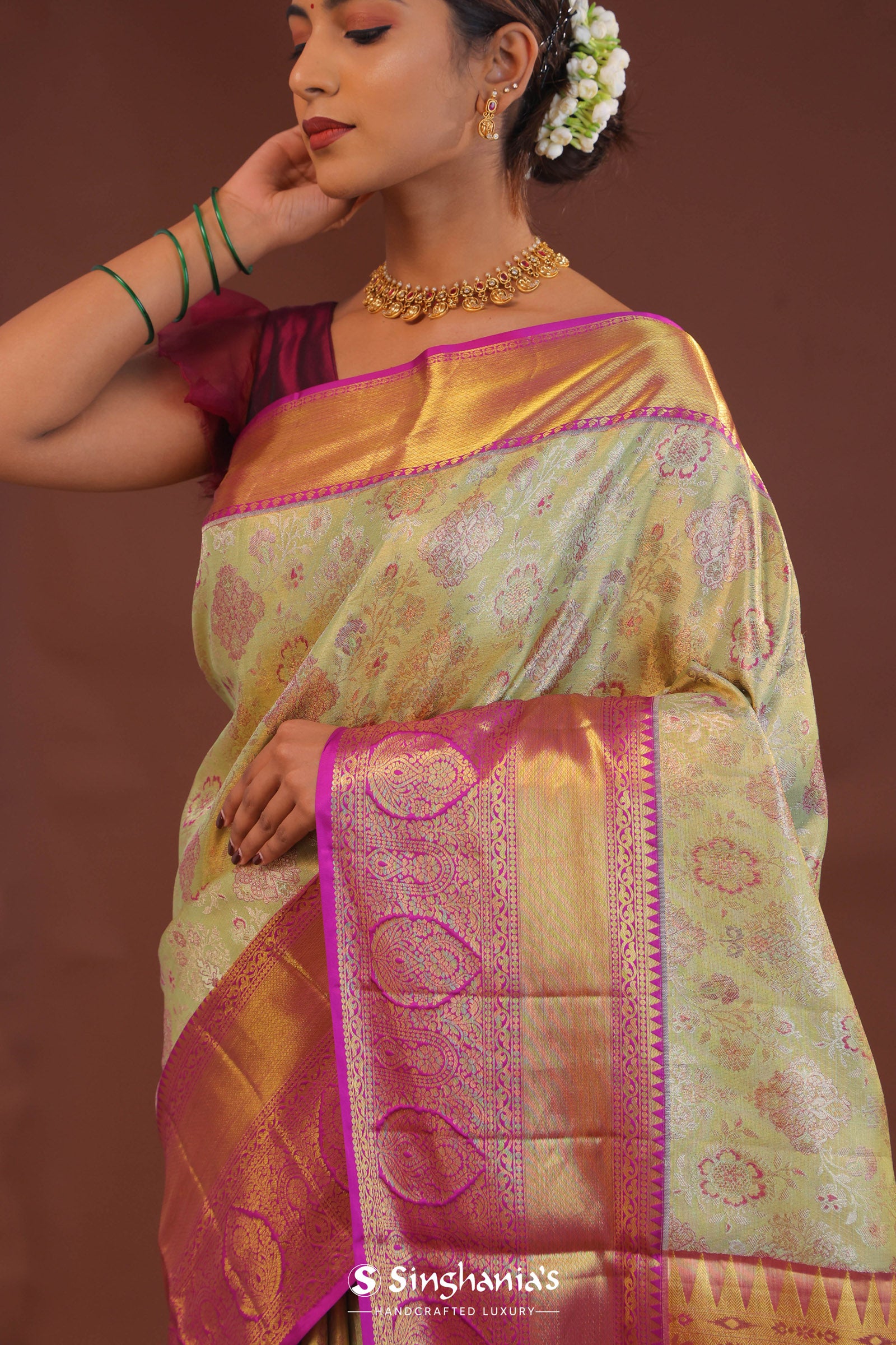 Pistachio Green Kanjivaram  Saree With Contrast Purple Border