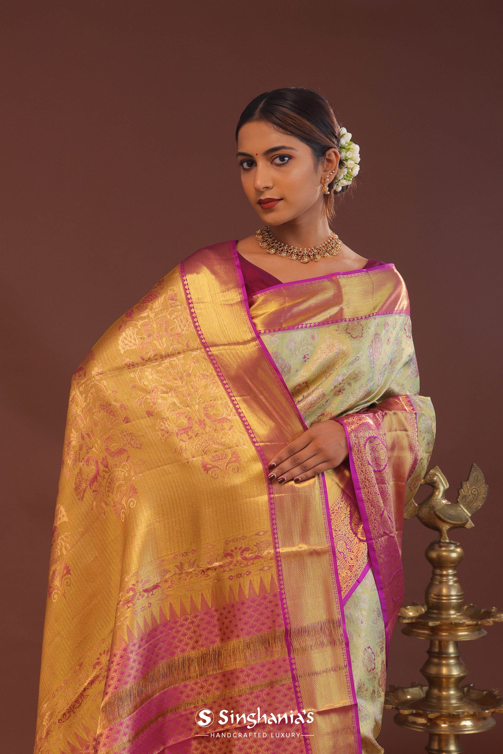Pistachio Green Kanjivaram  Saree With Contrast Purple Border