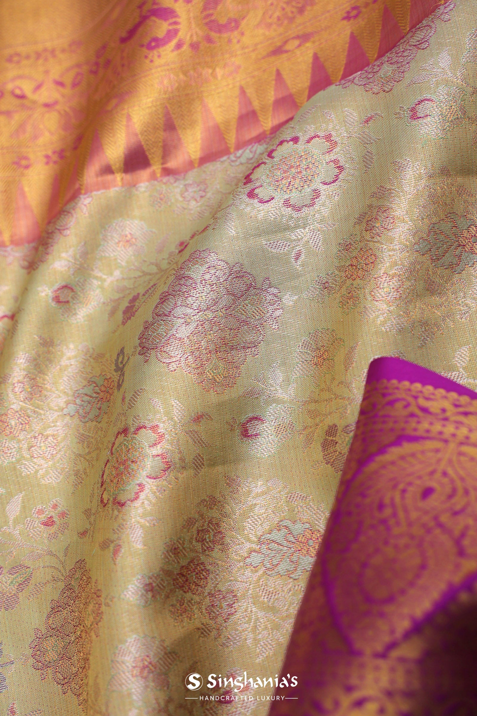 Pistachio Green Kanjivaram  Saree With Contrast Purple Border