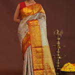 Grey Kanjivaram Saree With Contrast Red Border