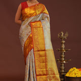 Grey Kanjivaram Saree With Contrast Red Border