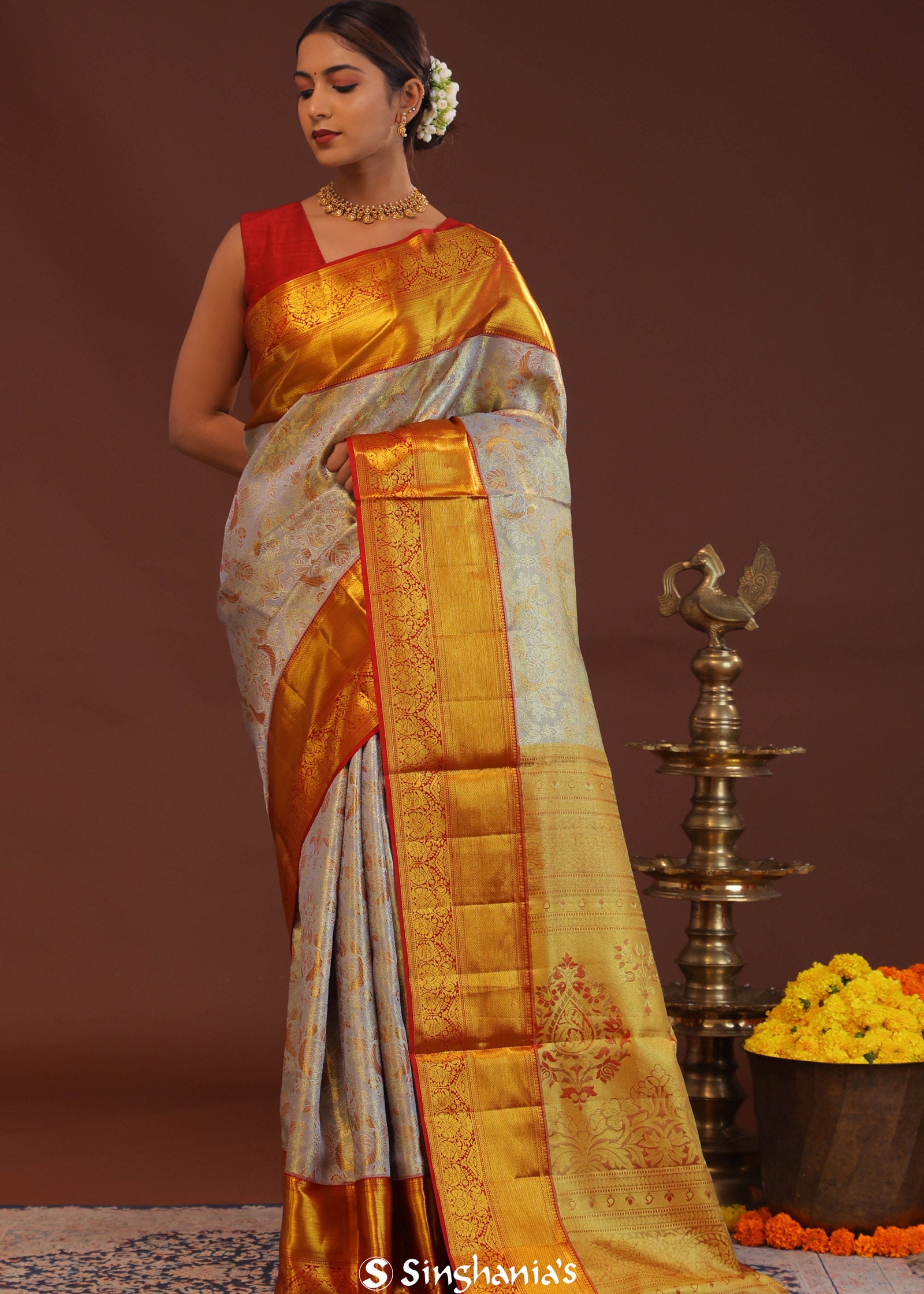 Grey Kanjivaram Saree With Contrast Red Border